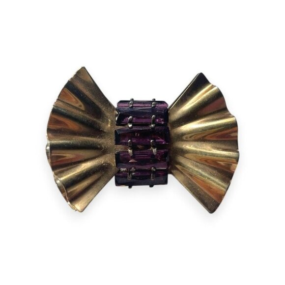 Walter Lampl 12K Gold Bow Brooch With Amethyst Accents Vintage 1940s Jewelry - Picture 2 of 6